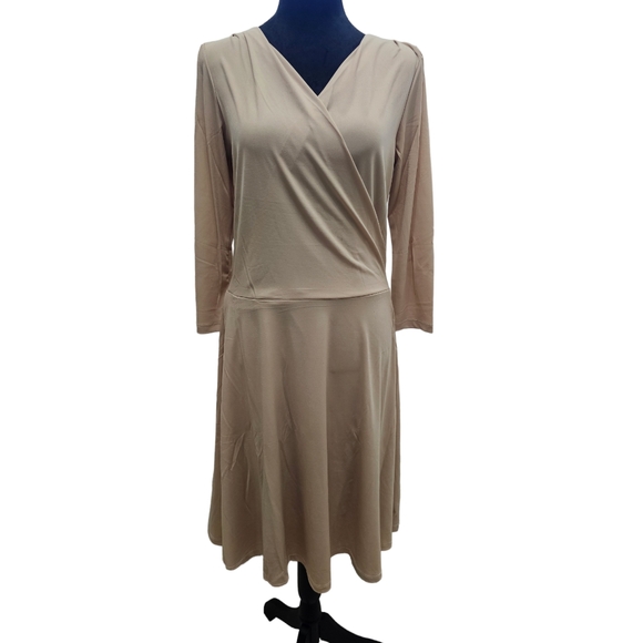 NWT Tam Ware Surplice Neckline 3/4 Sleeve Beige Skater Dress Large - Picture 6 of 9